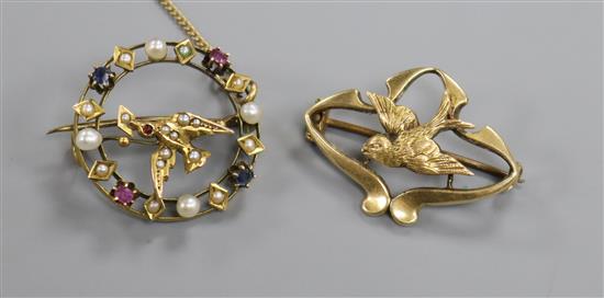 An Art Nouveau 15ct gold bird brooch and one other yellow metal and gem set bird brooch, 27mm et infra.
